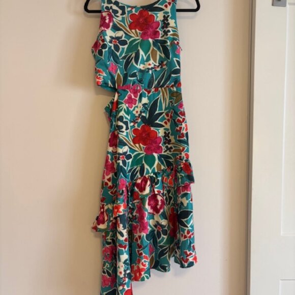 NWOT SAM EDELMAN Tropical Ruffle Cutout Midi Dress In Aqua Multi size 6 - Picture 4 of 10